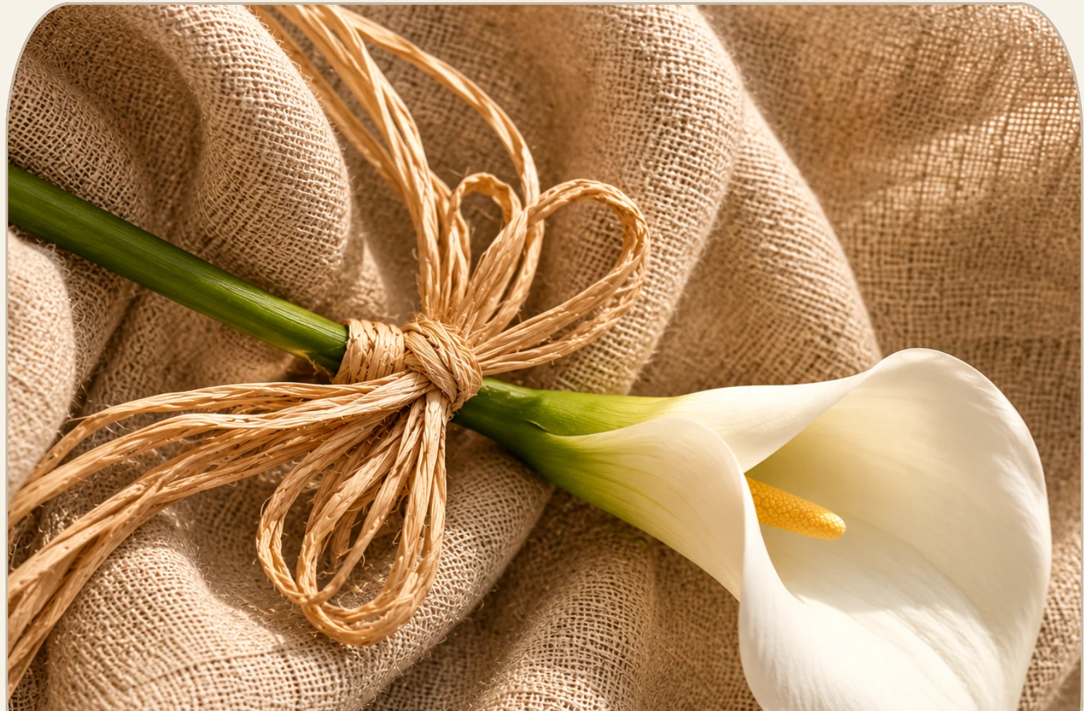 Flor branca envolvida em tecidos e laço de fibras naturais