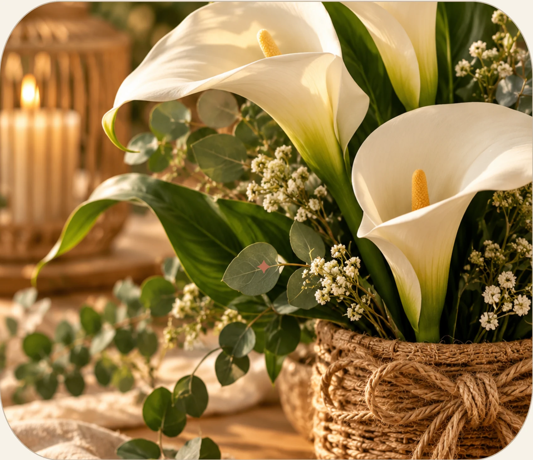 Arranjo floral delicado com copos-de-leite e folhagens